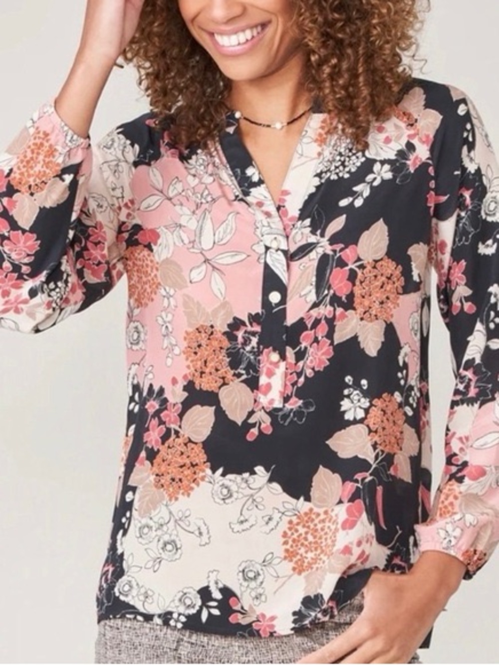 Spartina 449 Cora Long Sleeve Blouse Top 100% Silk Floral Print Black Pink Small